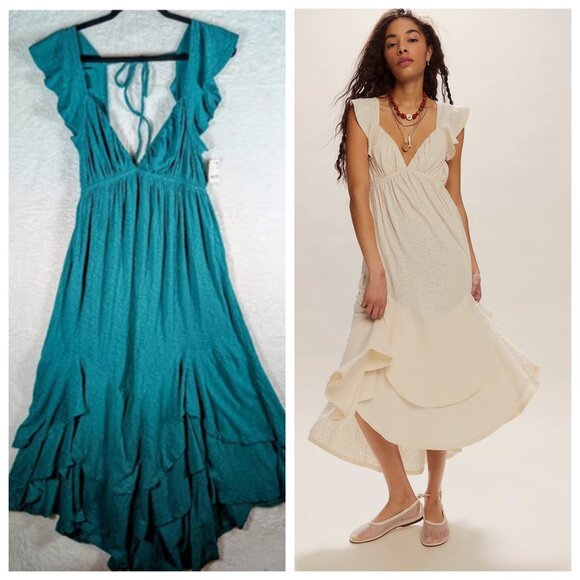 Free People Dresses & Skirts - FREE PEOPLE 'Aquamarine' 100% Cotton Teal Blue Flowy Ruffle Maxi Dress - Size S